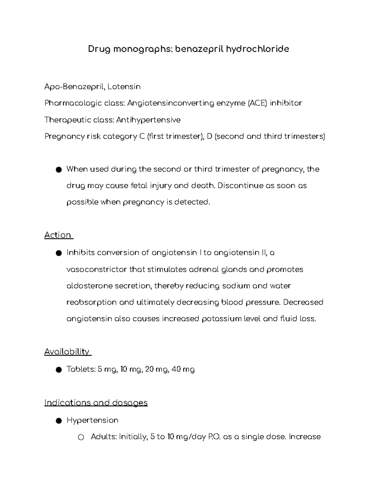 Drug monographs benazepril hydrochloride Drug monographs benazepril