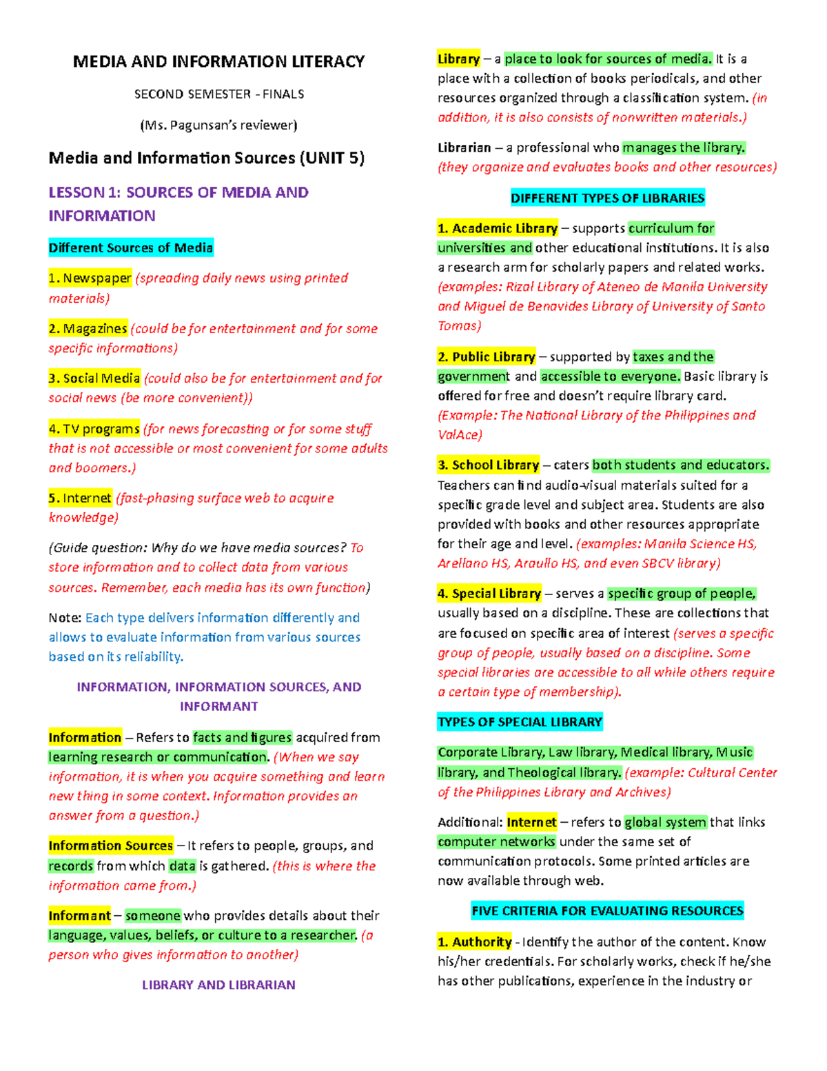 Media AND Information Literacy Finals Reviewer - MEDIA AND INFORMATION ...