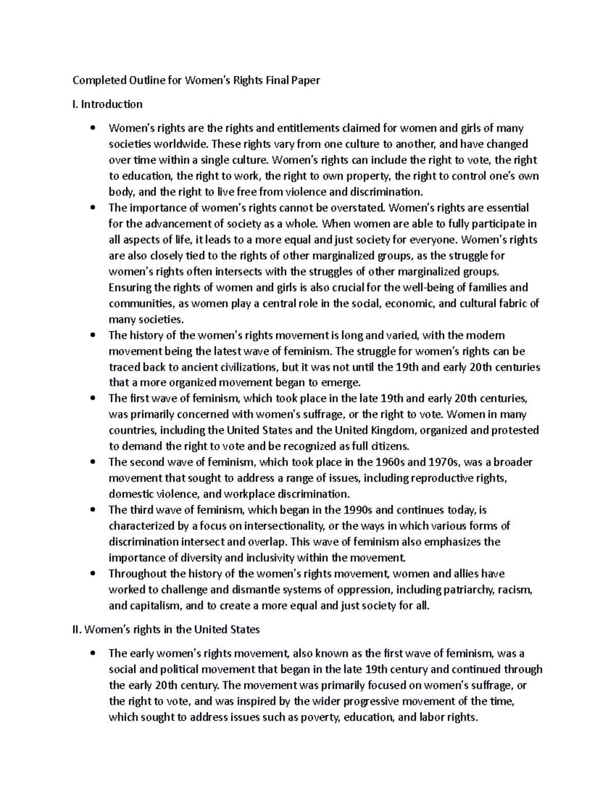 women's rights research paper outline