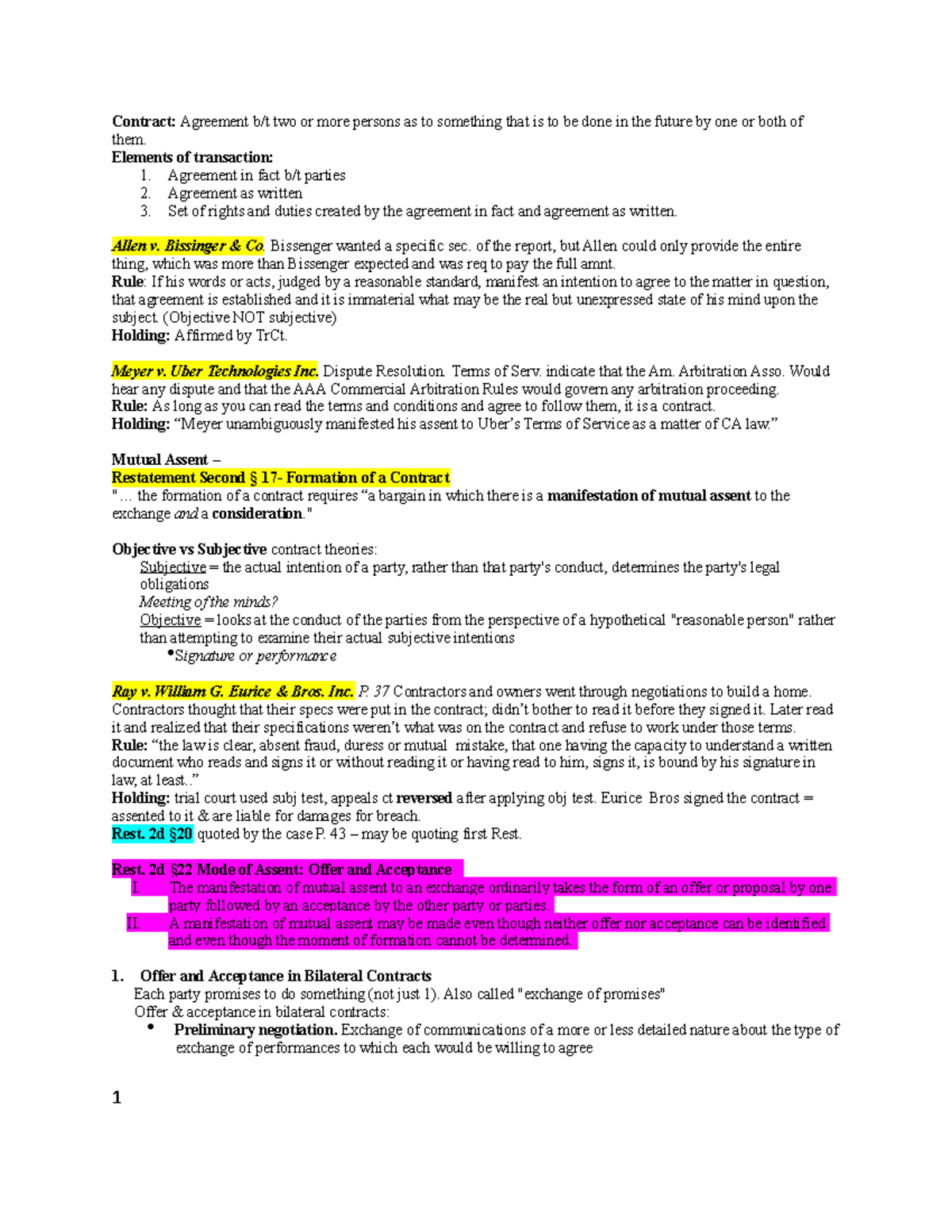 Contracts Outline - Summary Contract I - Contract: Agreement b/t two or ...