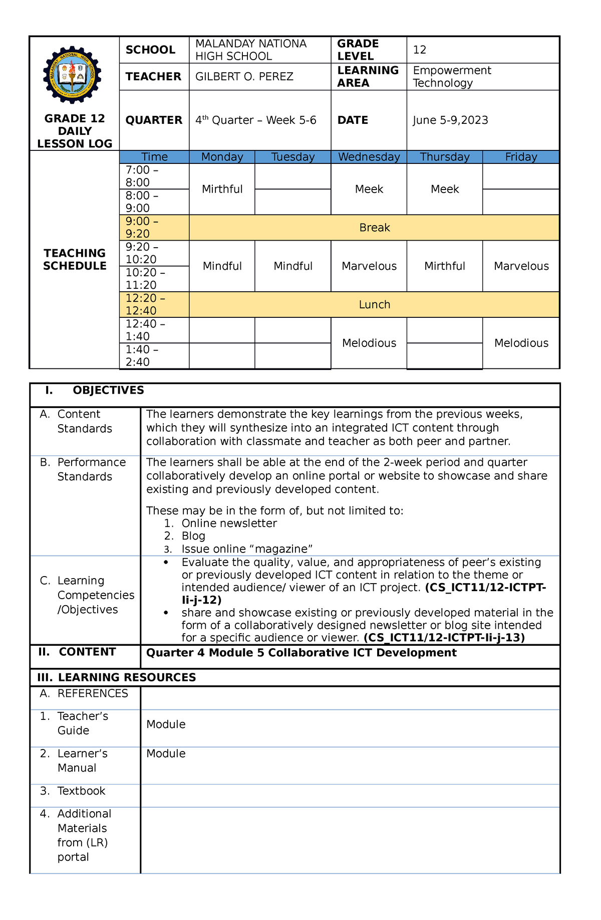 MIL DLL Week 7 - Lesson Plan - GRADE 12 DAILY LESSON LOG SCHOOL ...