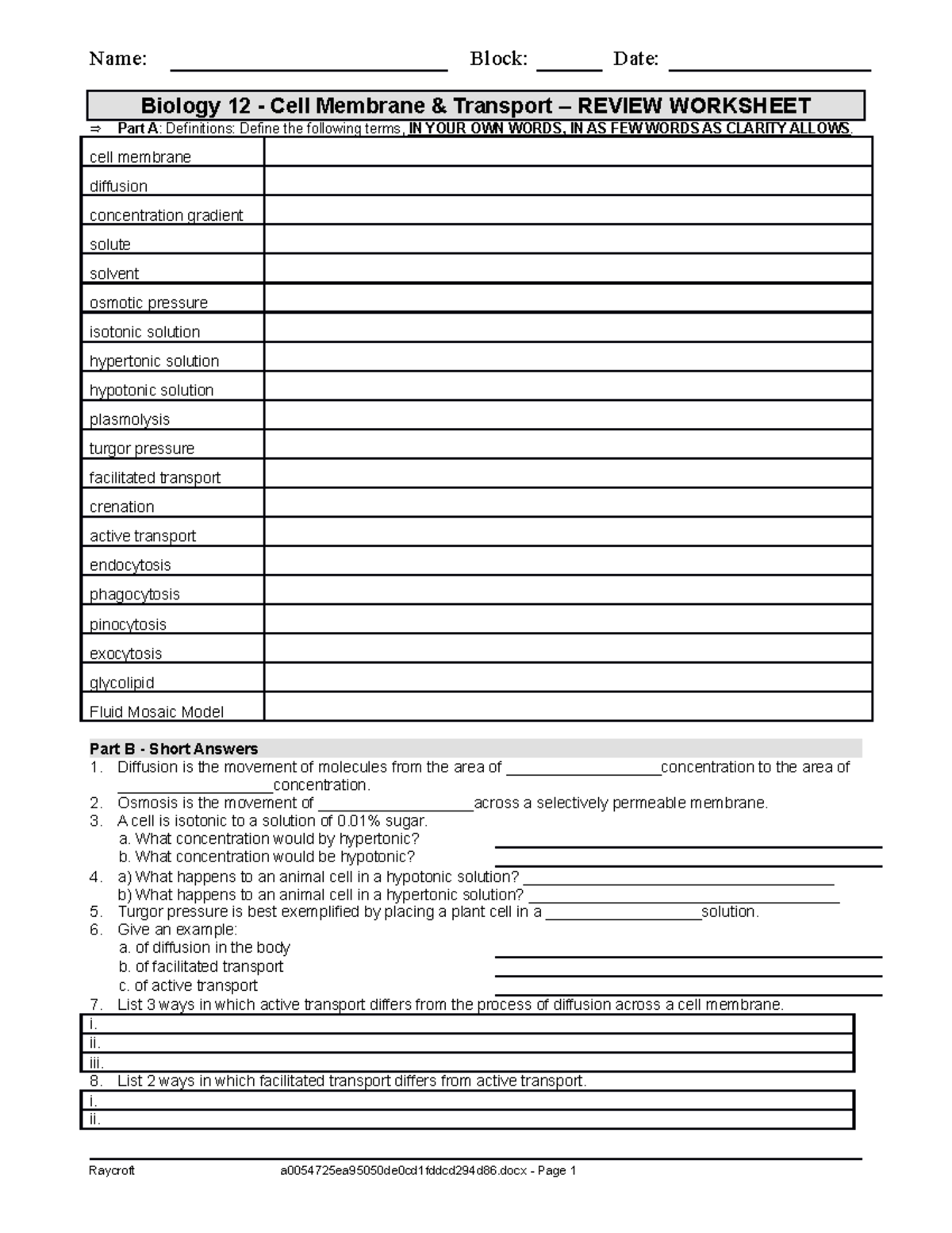 Cell Membrane Transport Review - Name: Block: Date: Biology 12 - Cell ...