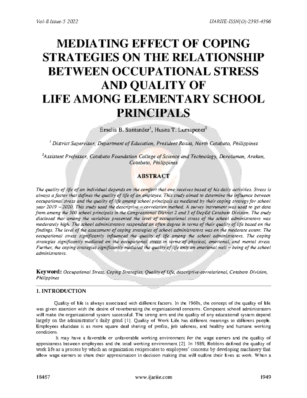 Mediating Effect OF Coping Strategies ON THE Relationship Between ...