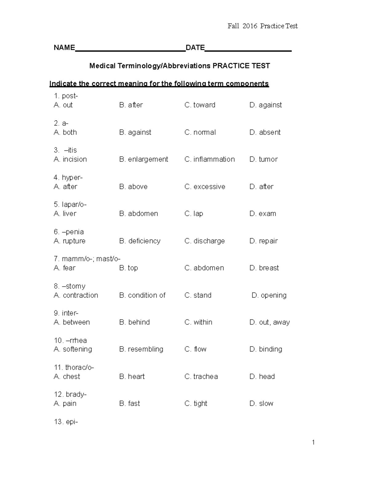 Practice Med term abbreviations practice test FA 16 Fall 2016