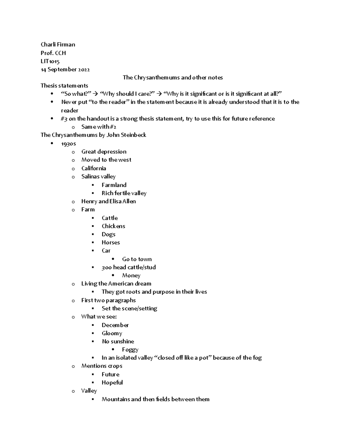 LIT1015 - Lecture #5 09-14-2022 Notes - Charli Firman Prof. CCH LIT 14 ...