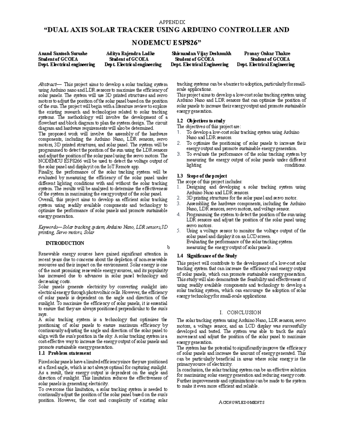Ieee file - APPENDIX “DUAL AXIS SOLAR TRACKER USING ARDUINO CONTROLLER ...