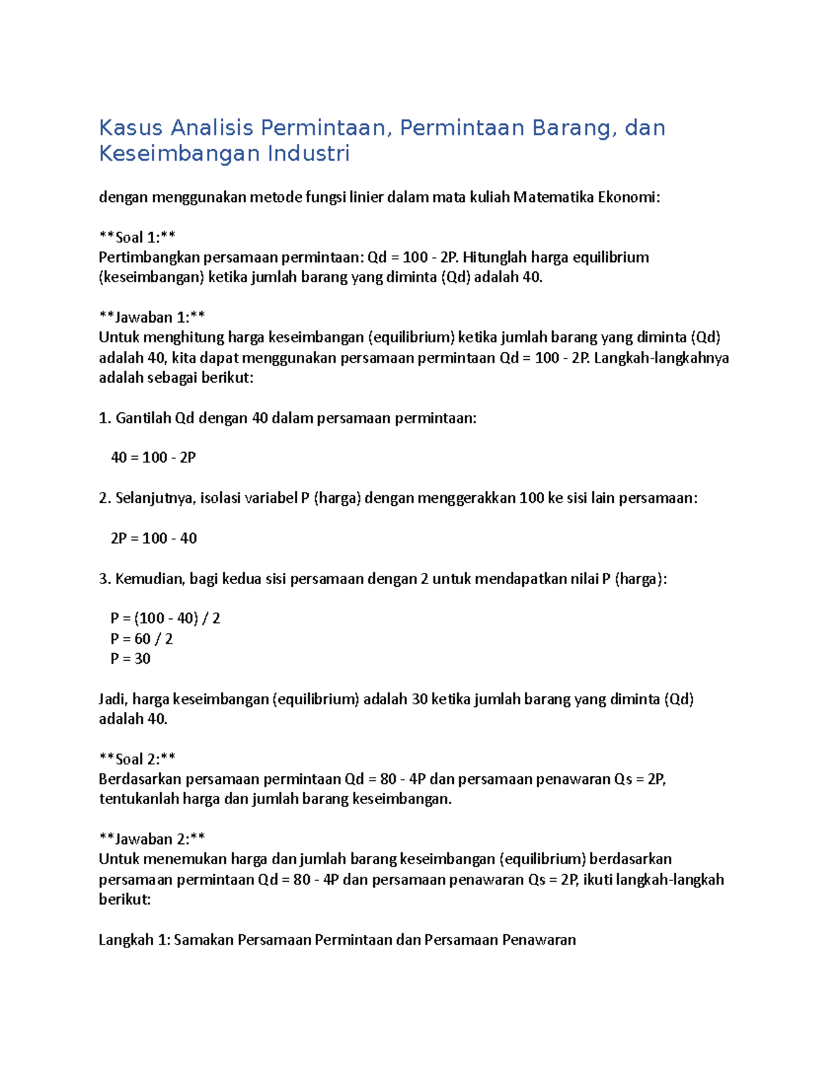 Jawaban Kasus Fungsi Linear - Kasus Analisis Permintaan, Permintaan ...