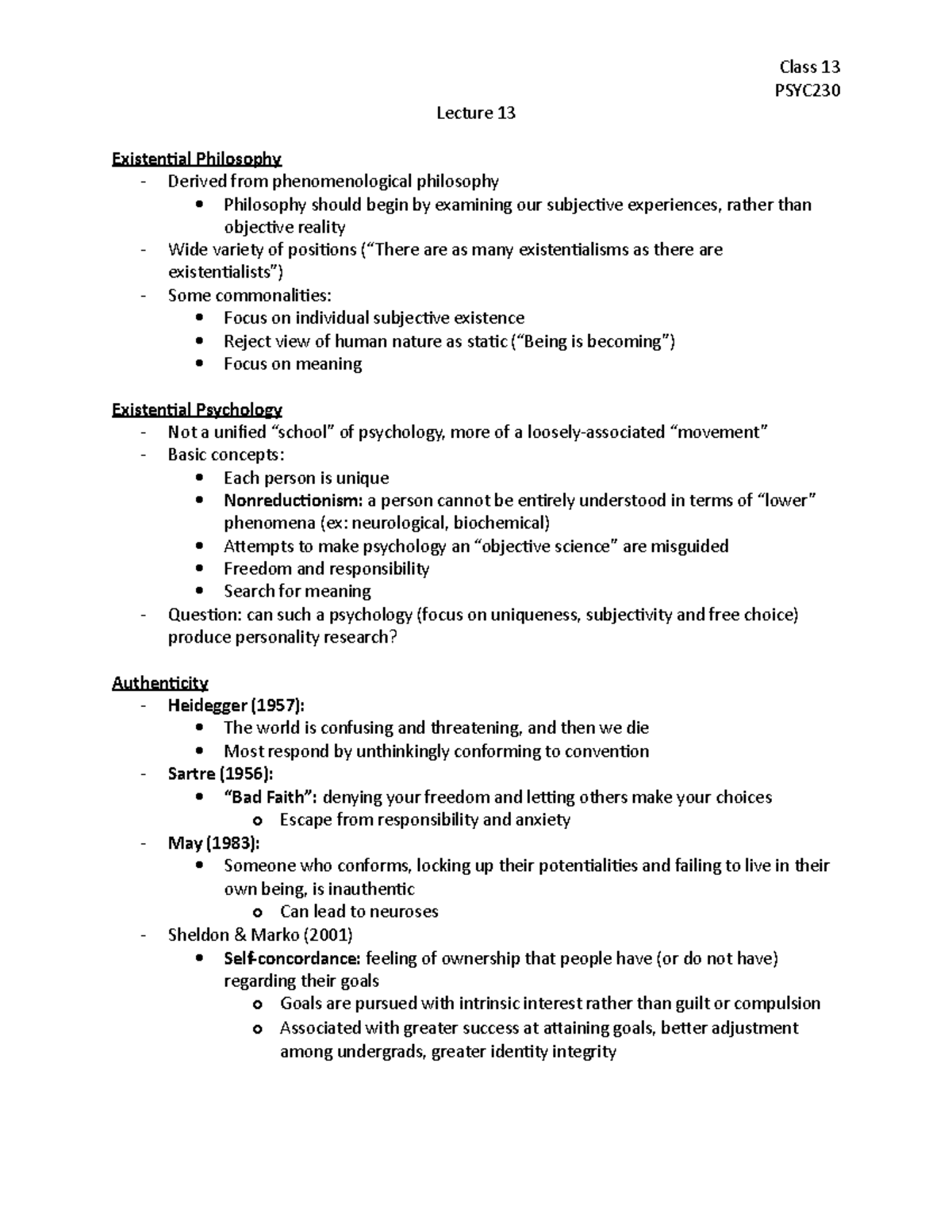 Lecture 13 - Class notes - Class 13 PSYC Lecture 13 Existential ...
