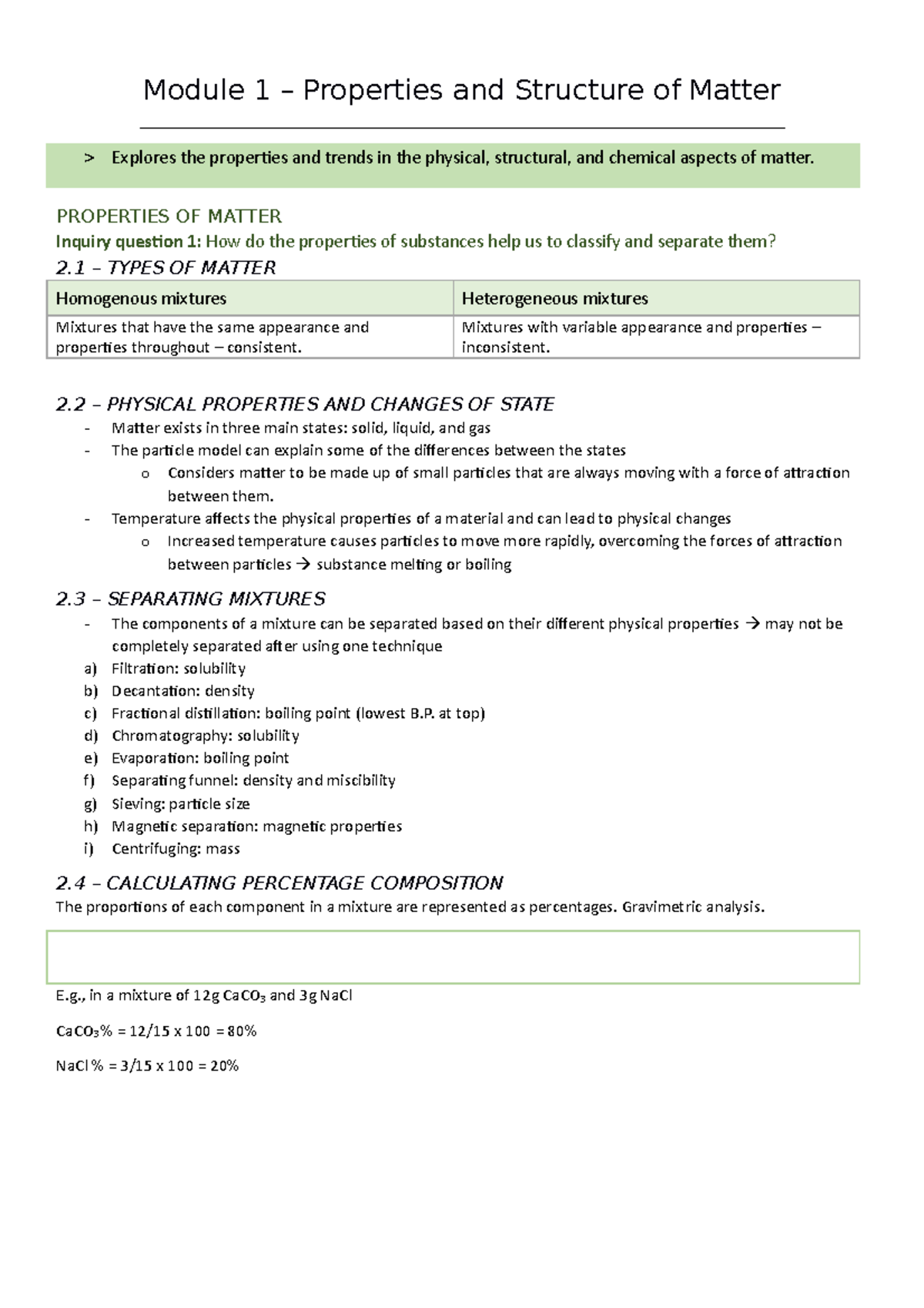 Chem notes module 1 - Module 1 – Properties and Structure of Matter ...