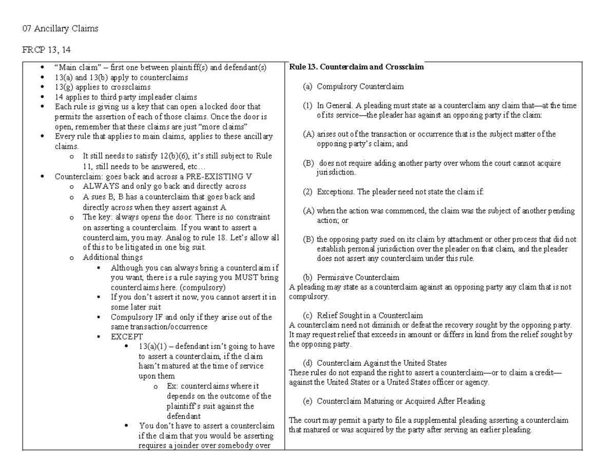 Ancillary Claims 07 Ancillary Claims FRCP 13, 14 “Main claim” first