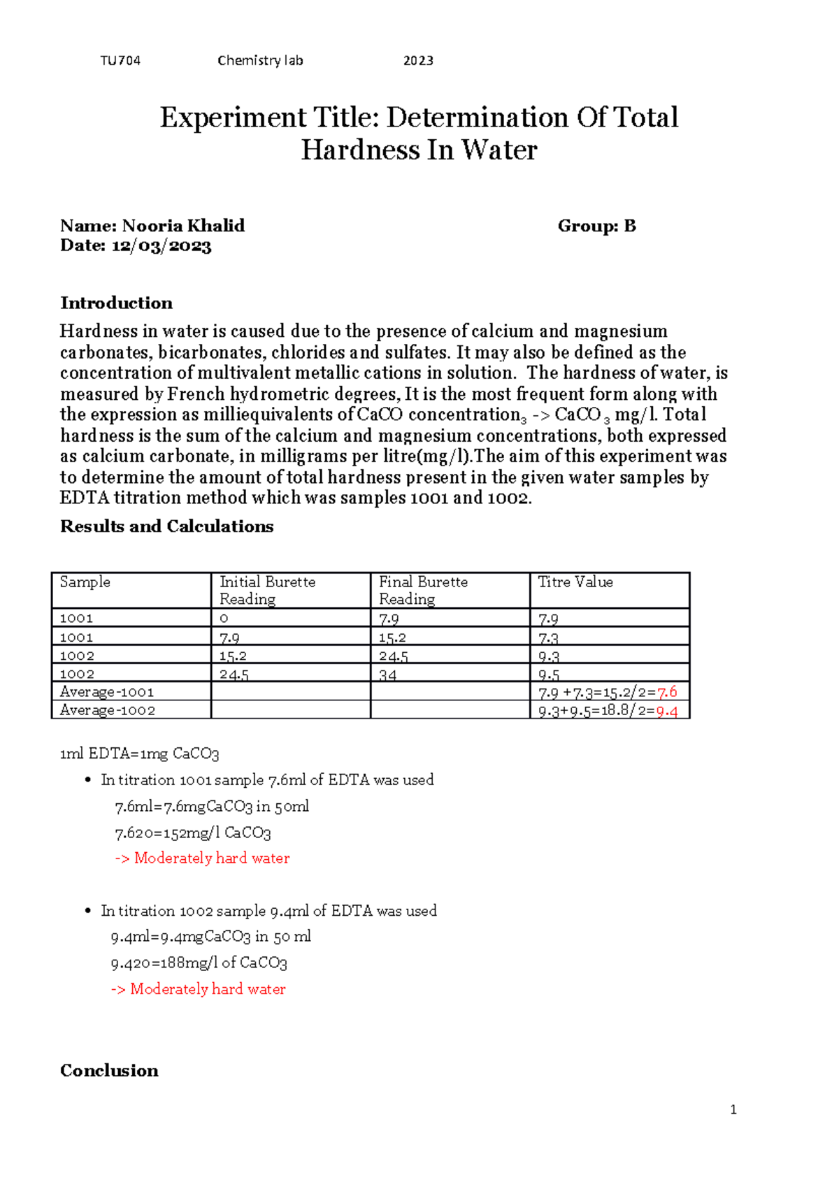 Hardness of water experiment 6 TU704 Chemistry lab 2023 Experiment
