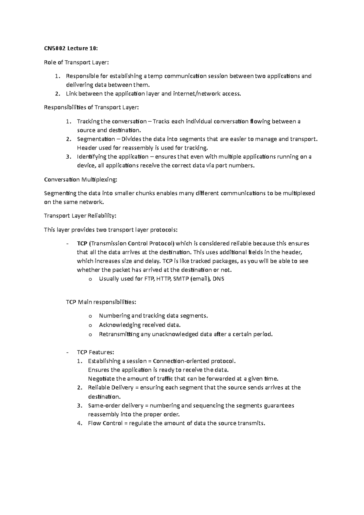 Lecture 10: Transport Layer - Cn5002 Lecture 10: Role Of Transport 