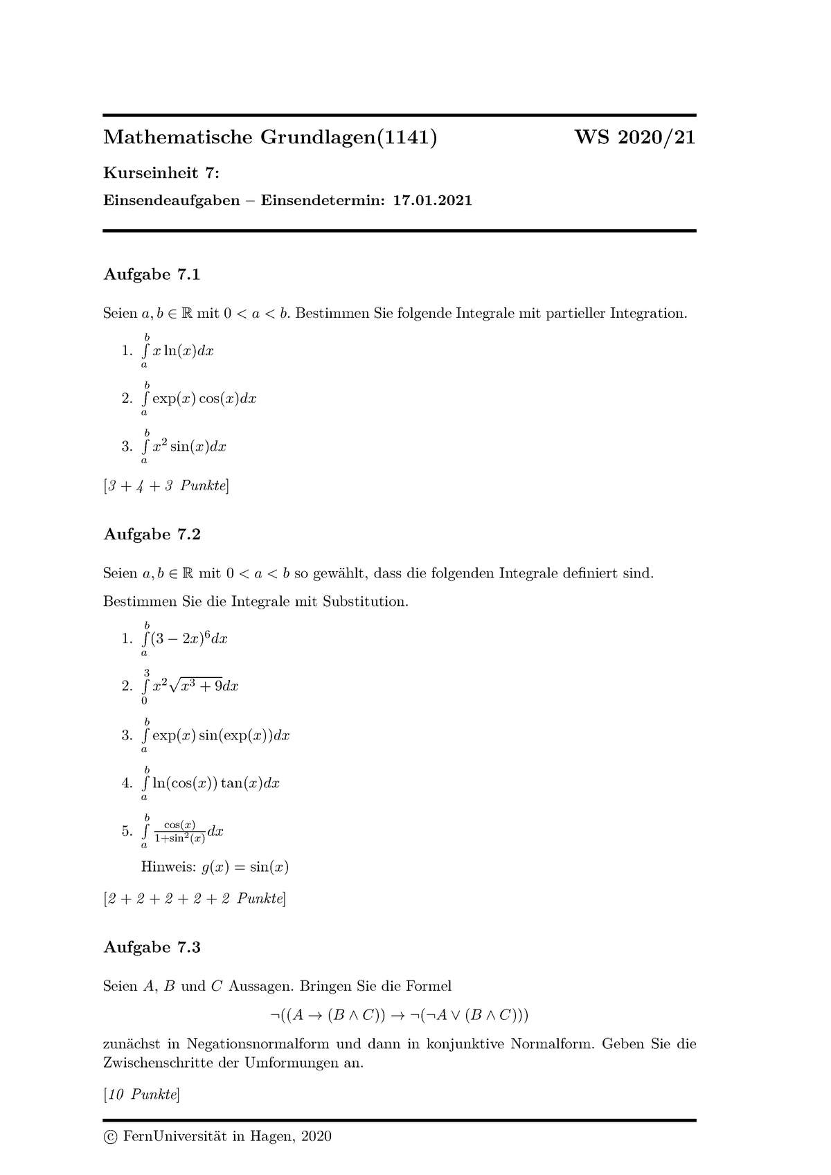 Einsendeaufgaben KE7 - Mathematische Grundlagen(1141) WS 2020 ...