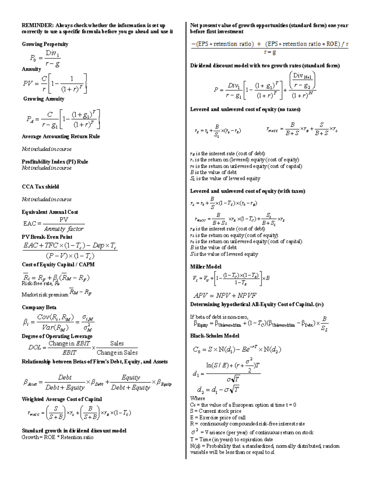 Formulasheet - formula sheet for exams - REMINDER: Always check whether ...