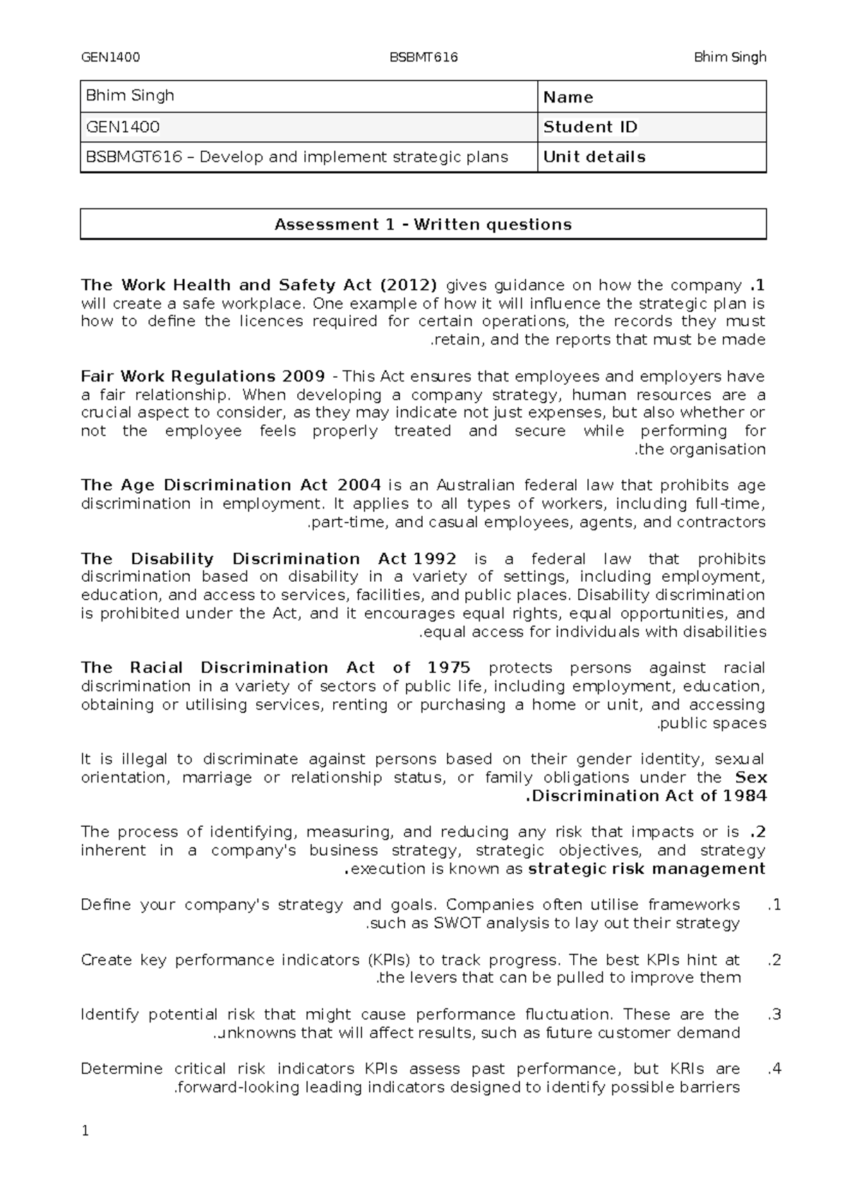 BSBMGT616 Develop and implement strategic plans - Bhim Singh Name ...
