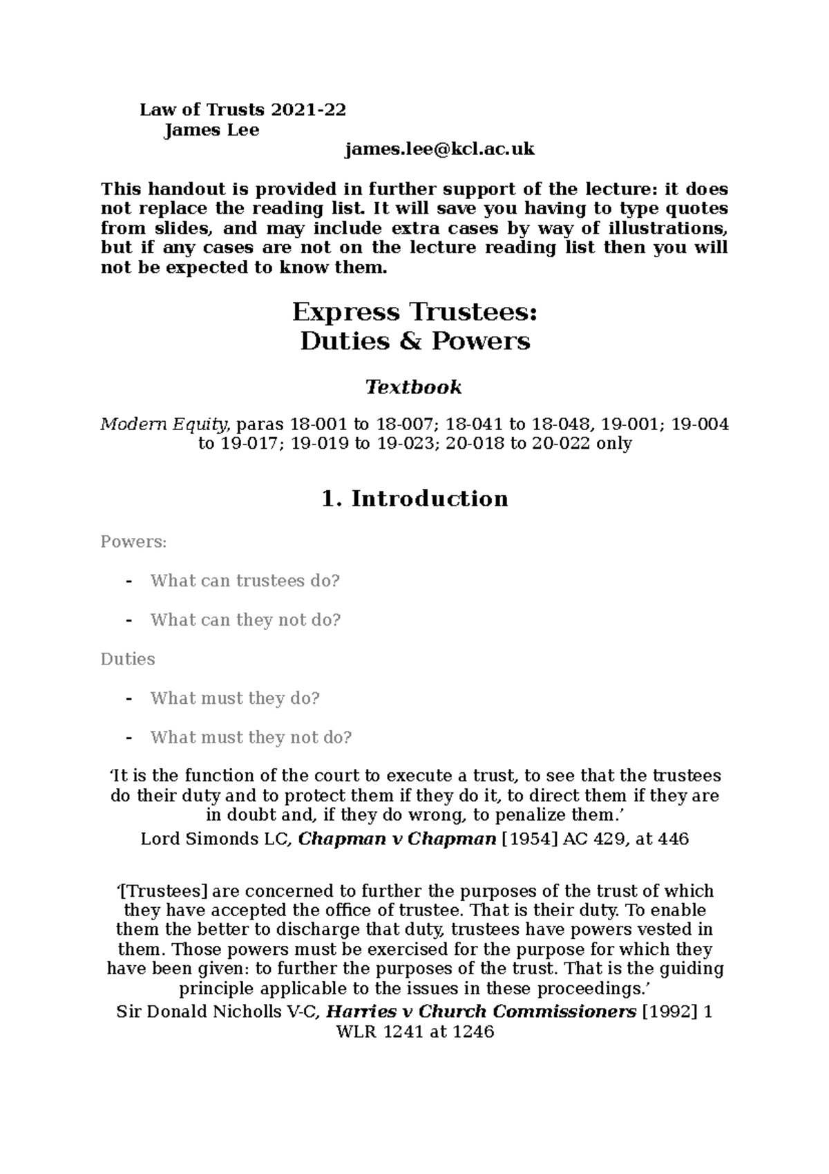 Express Trustee Duties and Powers - Law of Trusts 2021- James Lee james ...