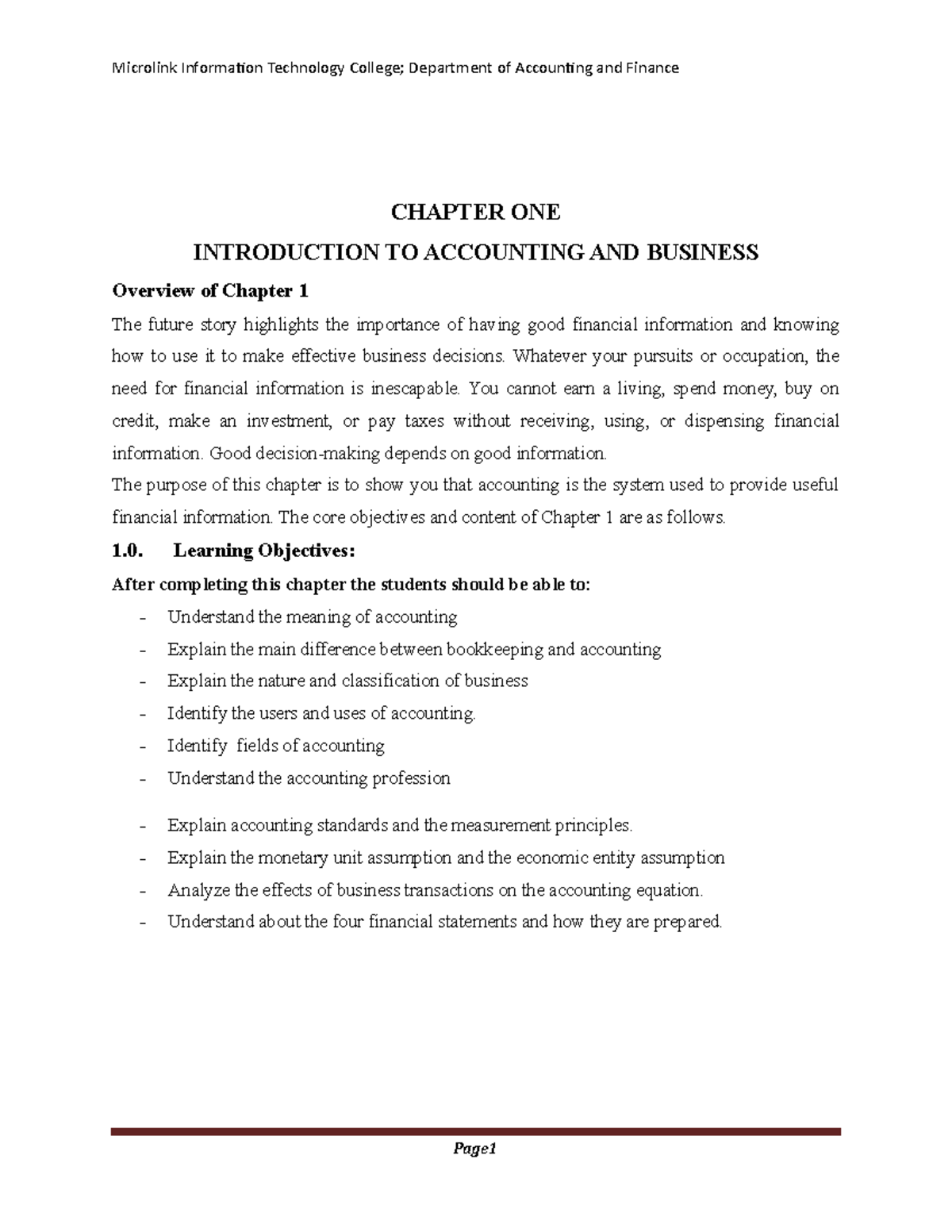 Module Principless of Accounting I CHAPTER ONE INTRODUCTION TO