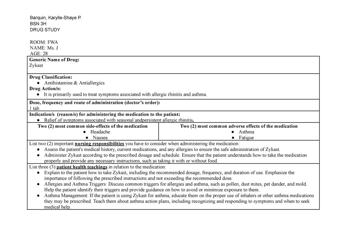 Zykast Drugstudy - Hehe - Barquin, Karylle-shaye P. Bsn 3h Drug Study 