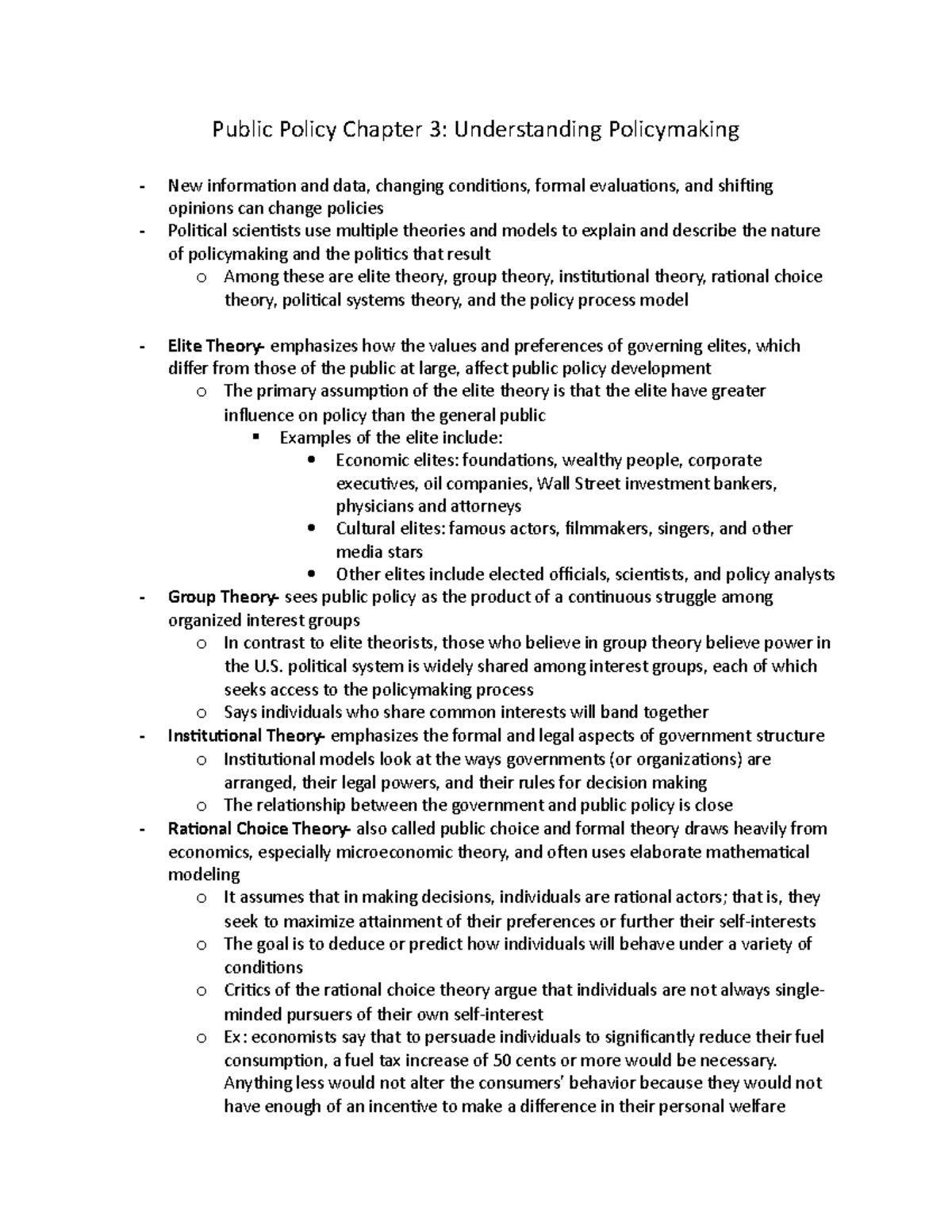 Public Policy Chapter 3 Notes - Public Policy Chapter 3: Understanding ...