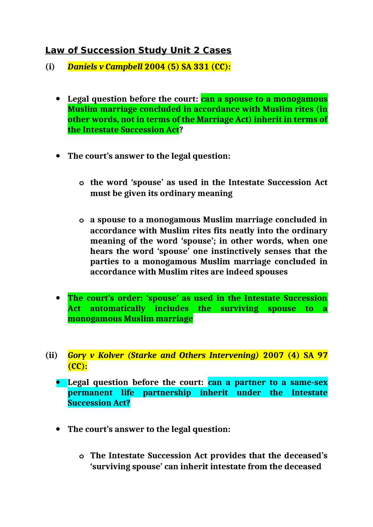 Law Of Succession Study Unit 2 Cases - Studocu