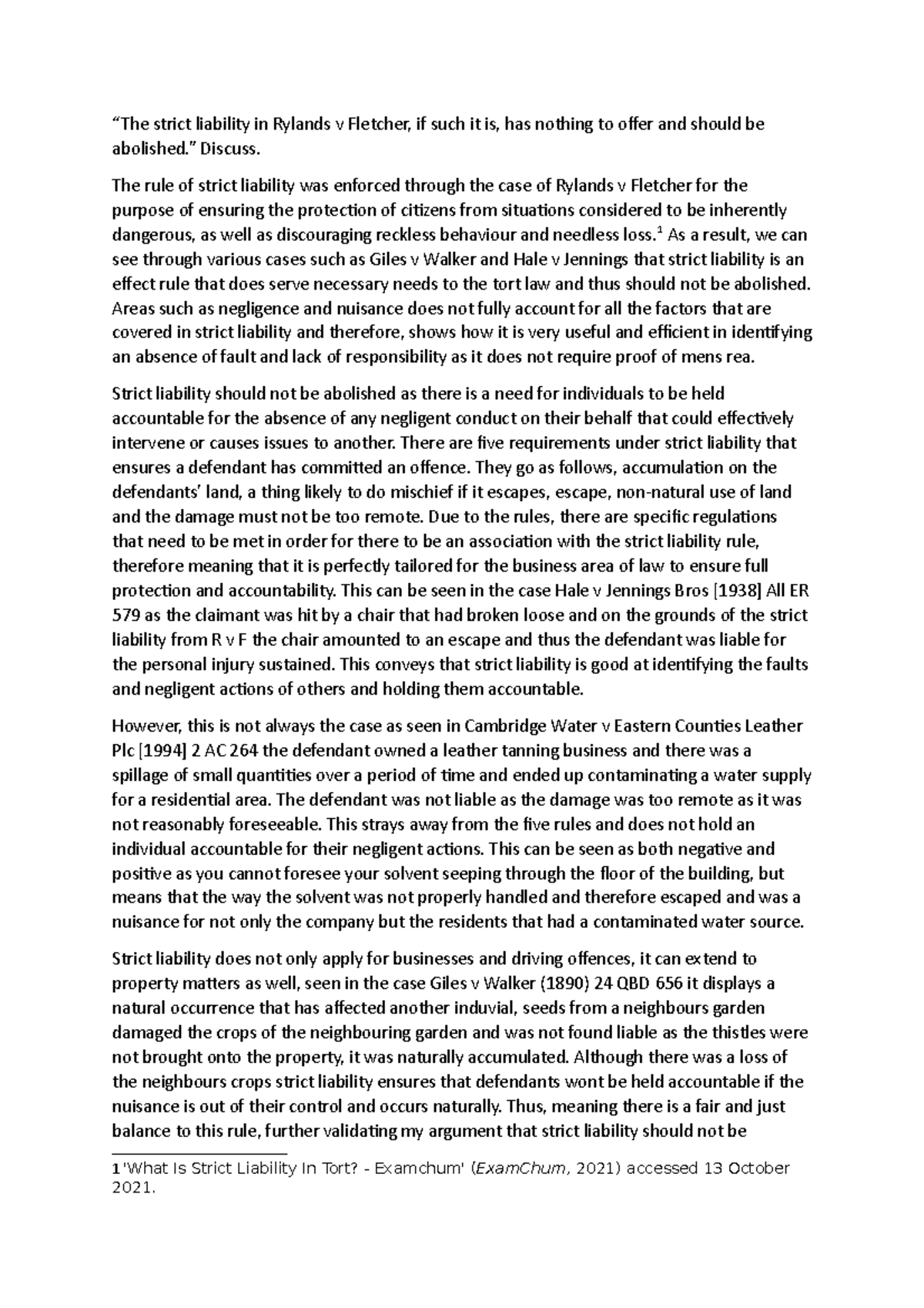 Tort Law Formative One - “The strict liability in Rylands v Fletcher ...