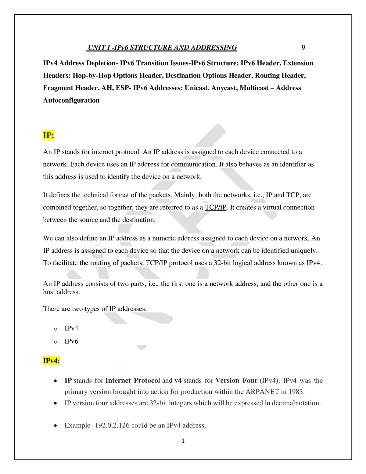 Unit 1 - details - UNIT I - IPv6 STRUCTURE AND ADDRESSING 9 IPv4 ...