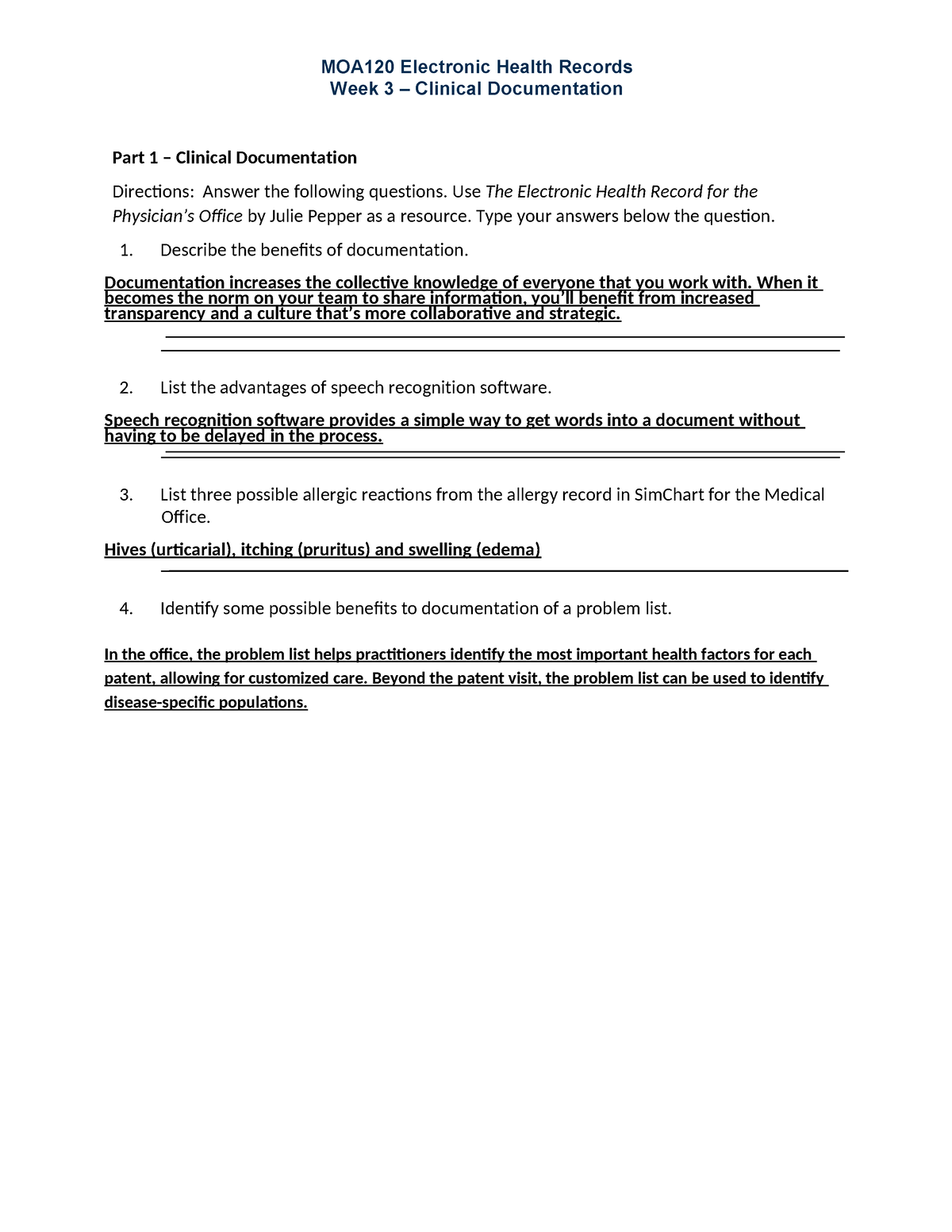 Wk3Assignment - N/a - MOA120 Electronic Health Records Week 3 ...