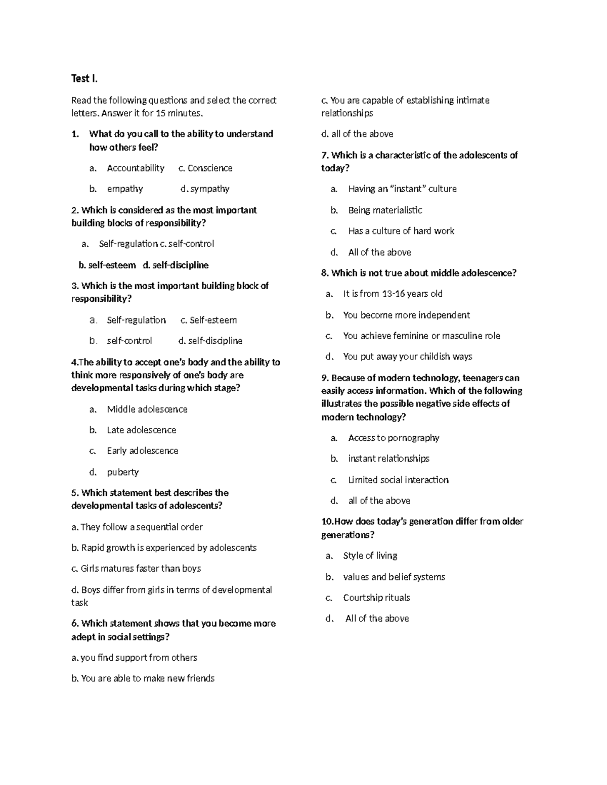 Test I in Per Dev - be nice - Test I. Read the following questions and ...