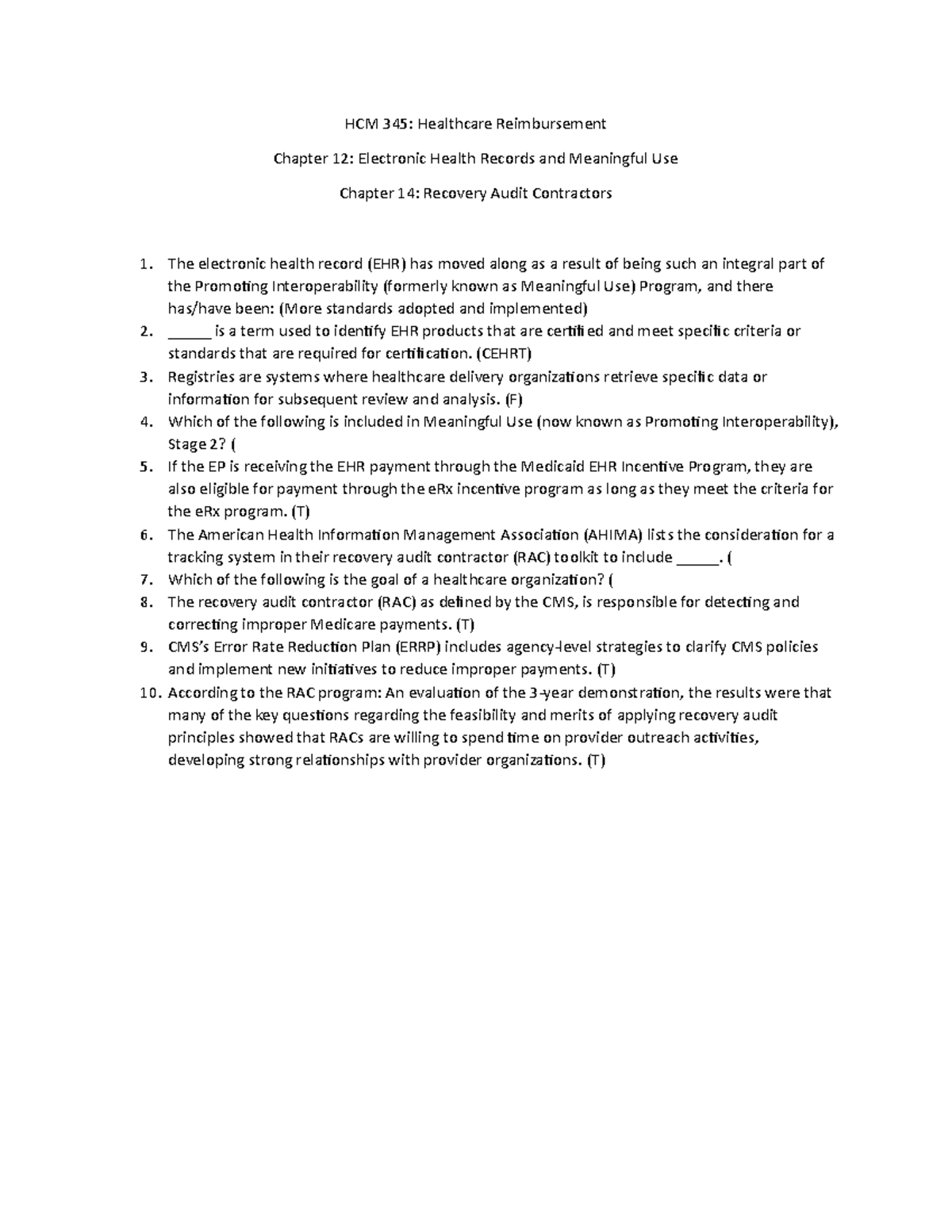 6 2 Quiz Answer Key HCM 345 Healthcare Reimbursement Chapter 12 