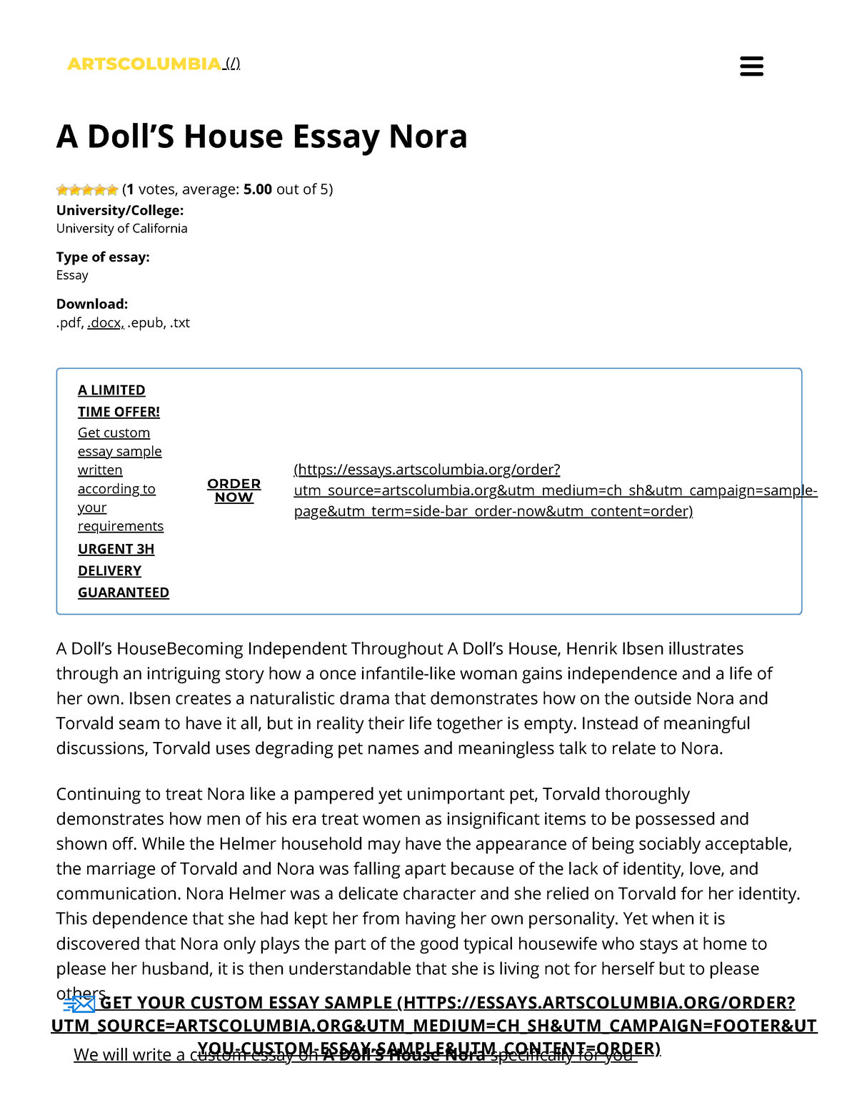 essay questions on doll's house