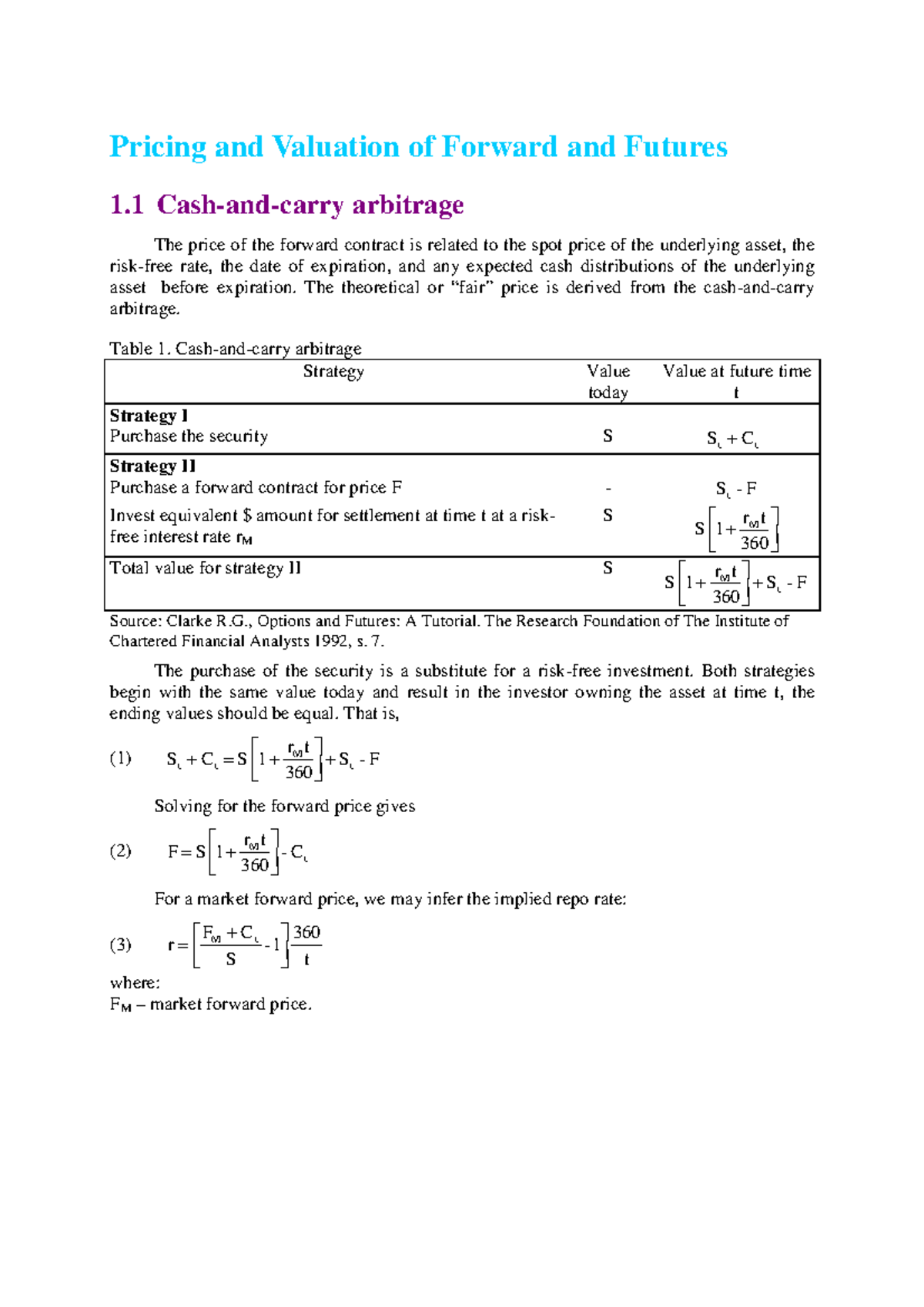 DE3 Lecture notes Pricing and Valuation of Forward and Futures 1