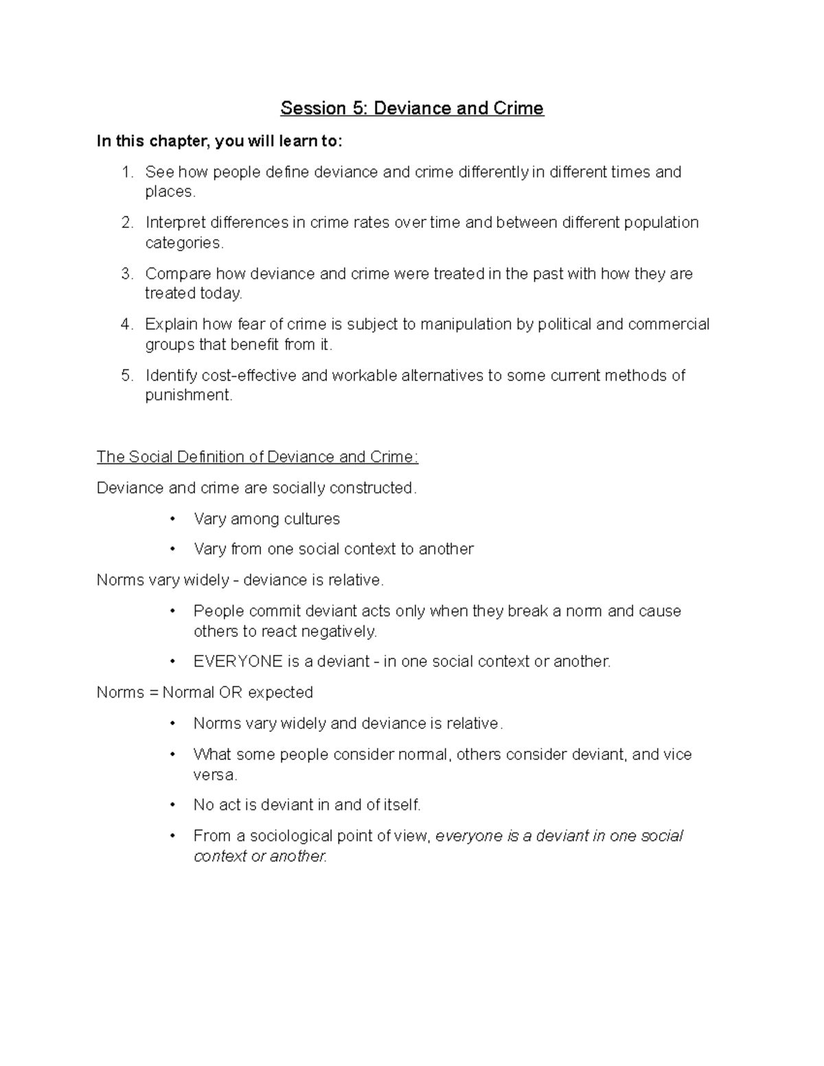 Session 5 - Lecture notes 5 - Session 5: Deviance and Crime In this ...