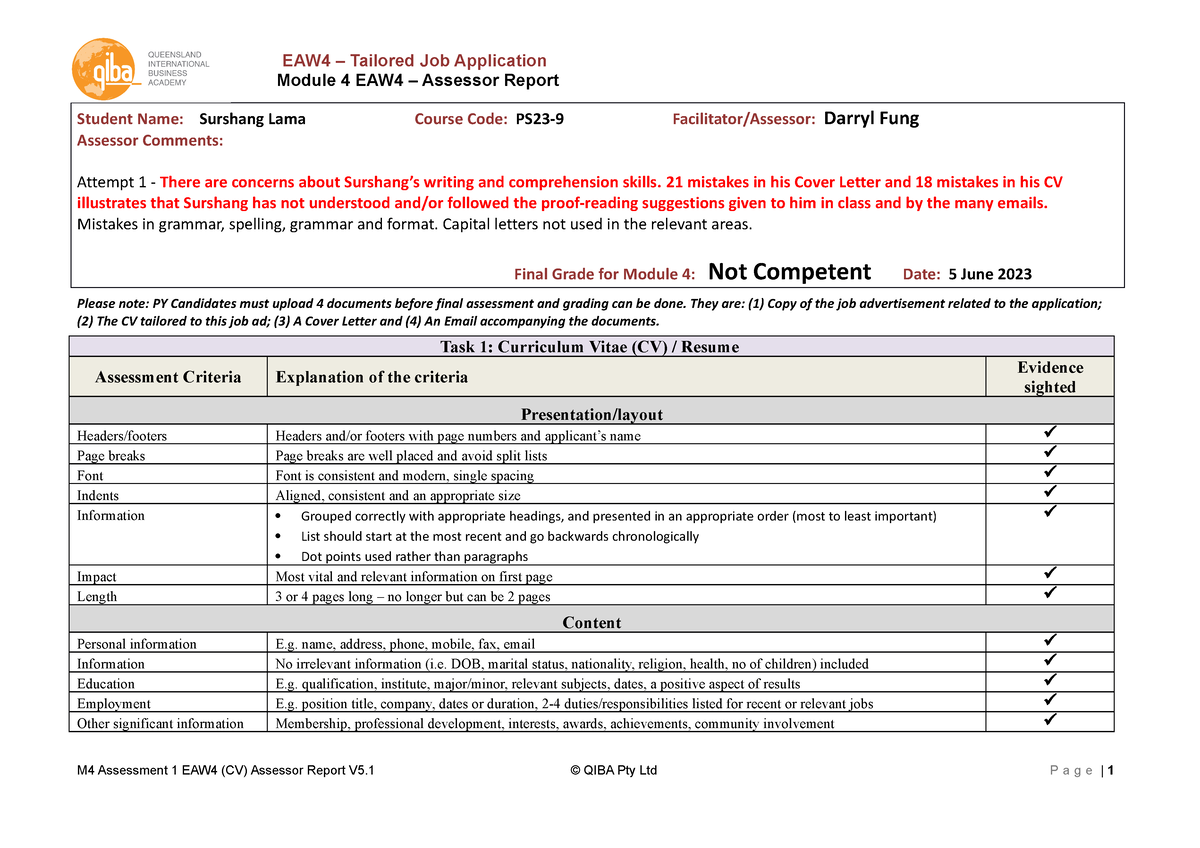 Surshang Lama M4 EAW4 Assessor Report 1 - Module 4 EAW4 – Assessor ...