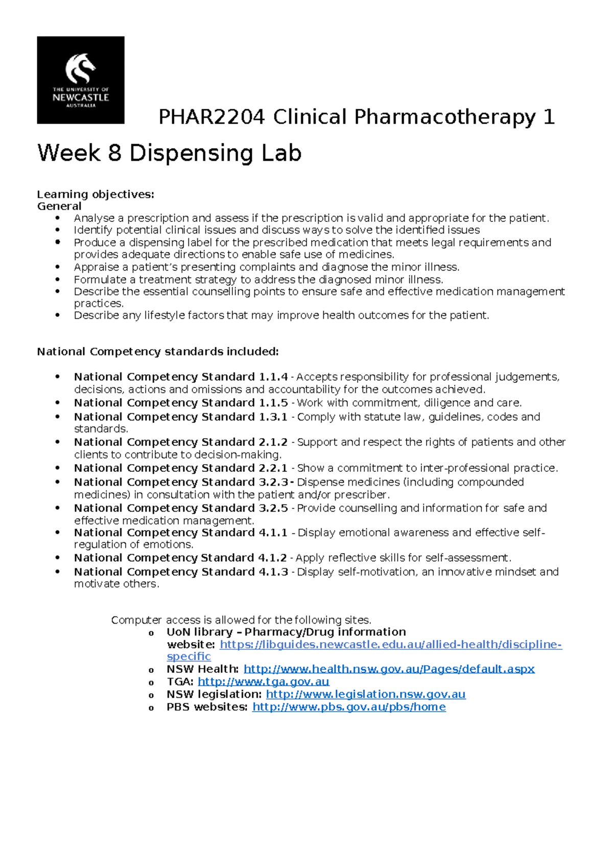 Week 8 - Dispensing Lab Student Copy-1 - PHAR2204 Clinical ...