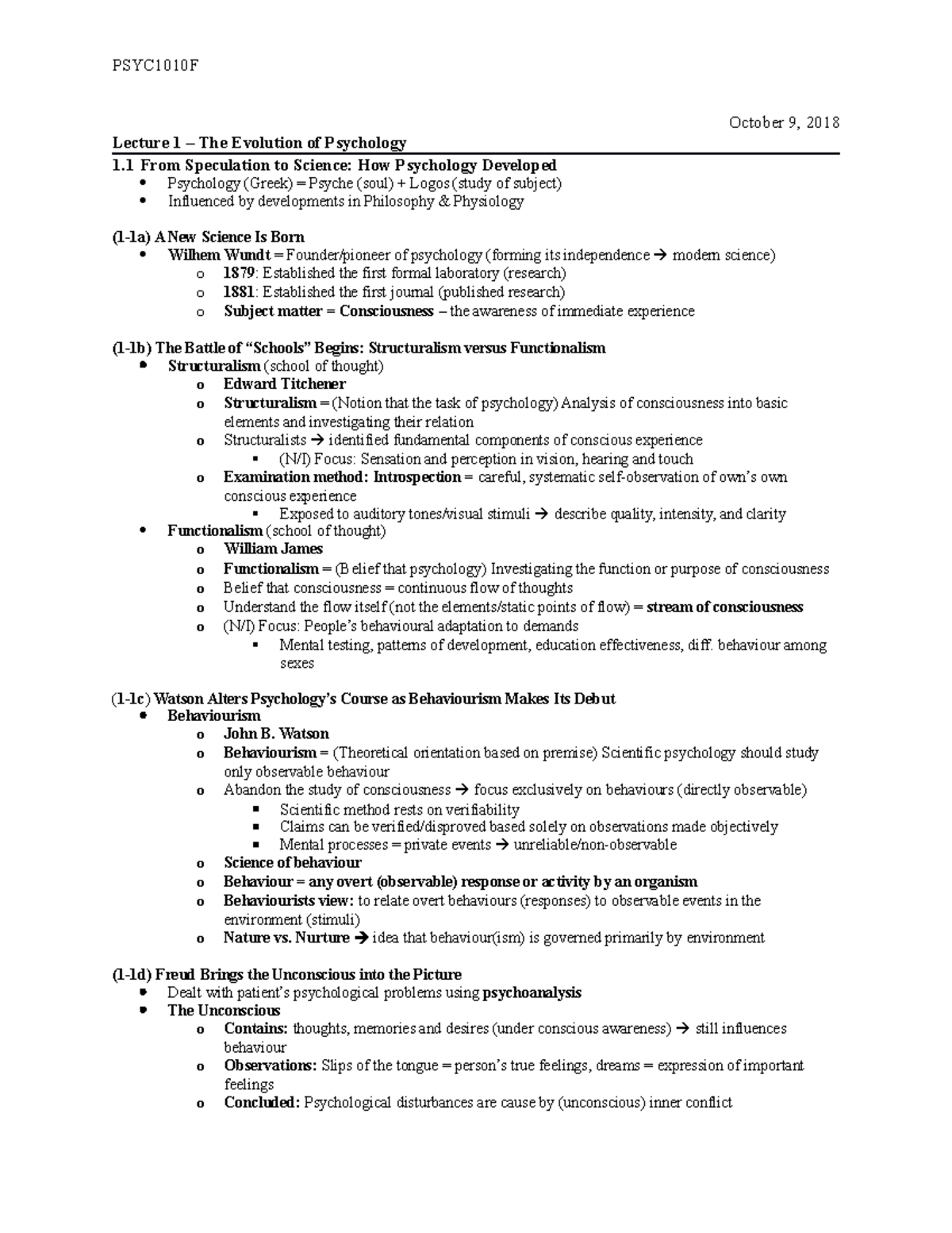 (PSYC1010F) Lecture 1 – The Evolution of Psychology - PSYC1010F October ...