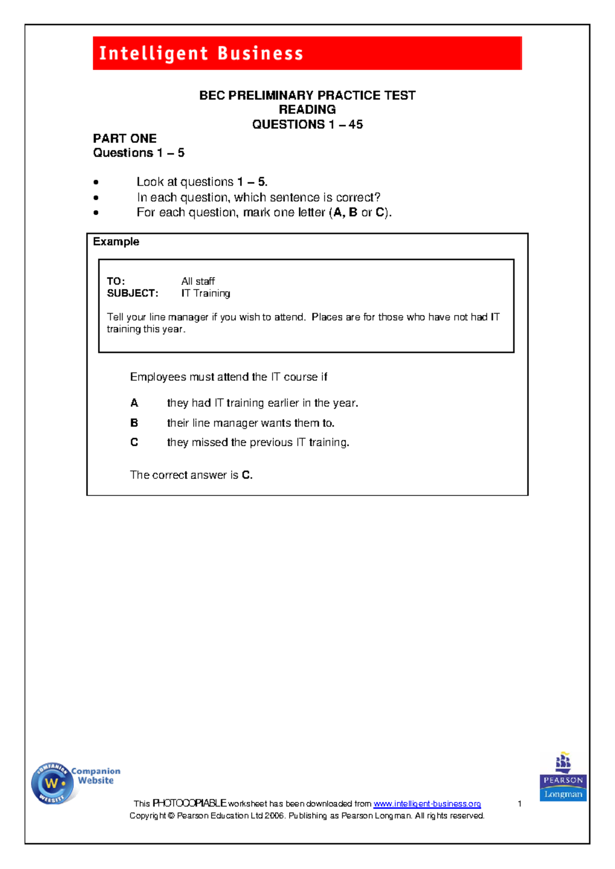 BEC Prelim Reading Part One - BEC PRELIMINARY PRACTICE TEST READING ...