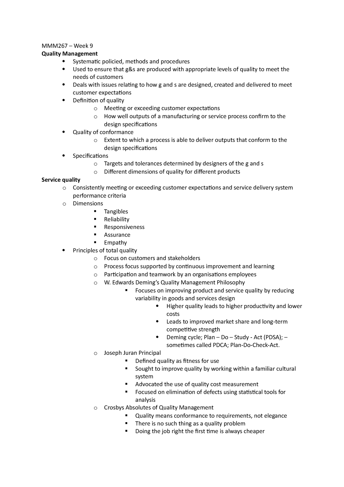 MMM267 - Week 9 - MMM267 – Week 9 Quality Management Systematic ...