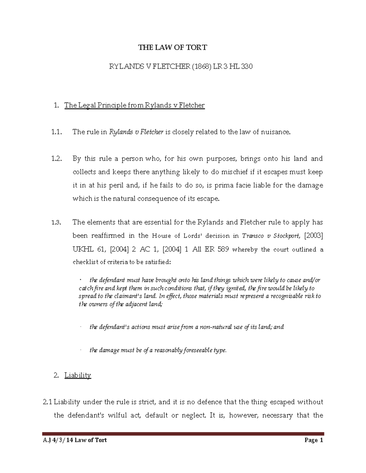 Rylands v Fletcher Handout - THE LAW OF TORT RYLANDS V FLETCHER (1868 ...