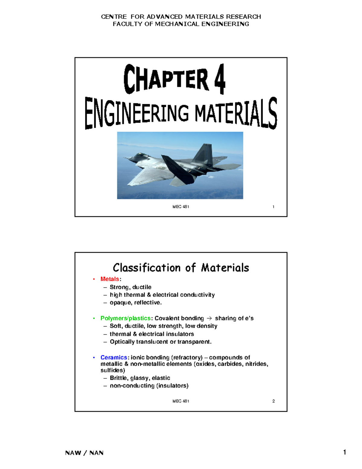 Chapter 4 - Lecture notes 4 - FACULTY OF MECHANICAL ENGINEERING MEC 481 ...