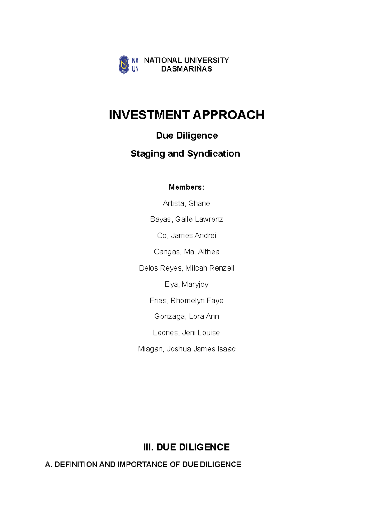 Investment Approach ( Group 4) NATIONAL UNIVERSITY DASMARIÑAS