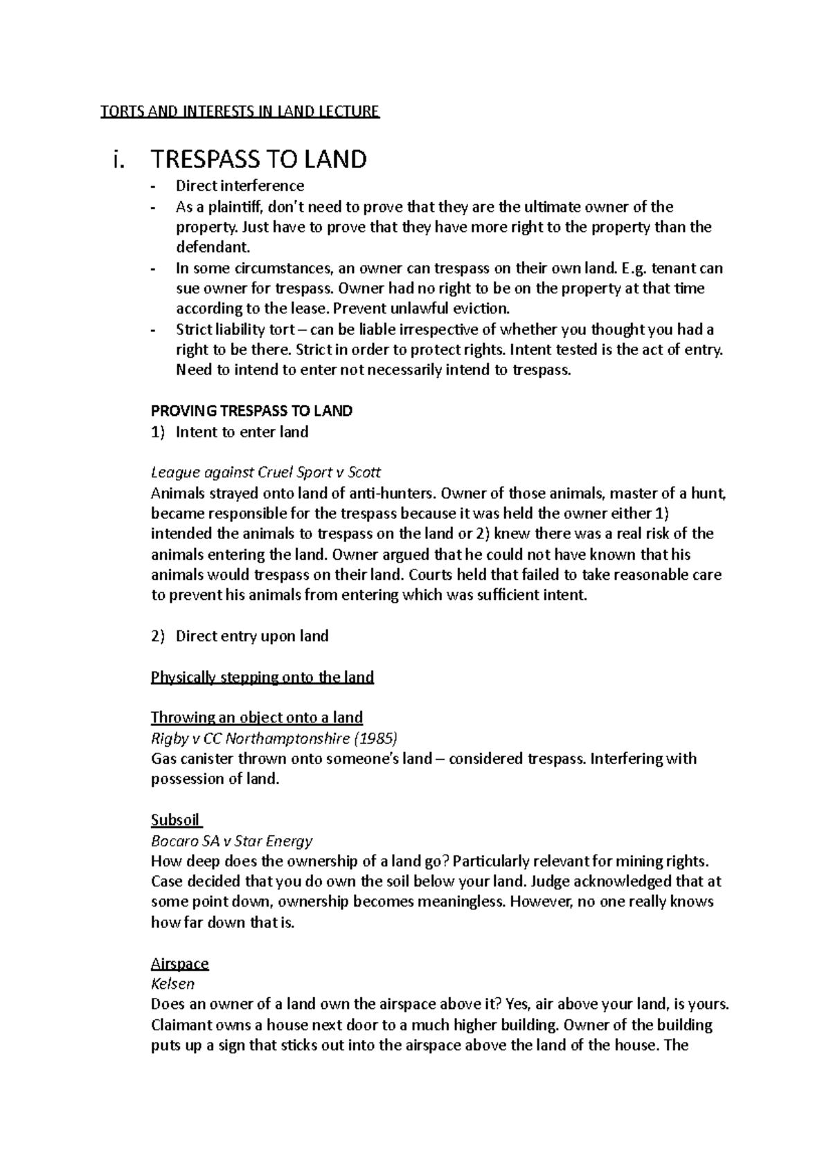 Nuisance Notes - TORTS AND INTERESTS IN LAND LECTURE i. TRESPASS TO ...