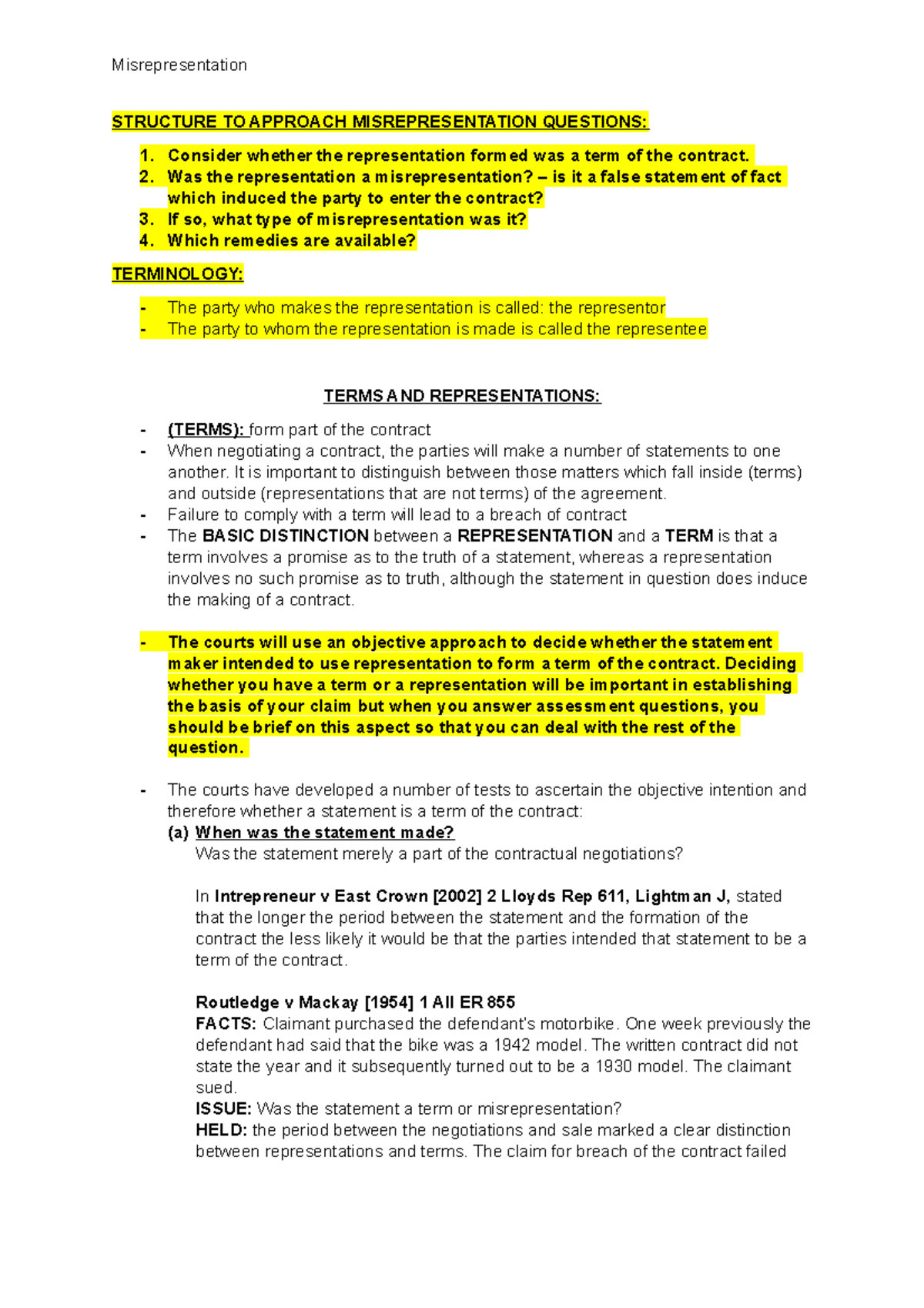 Misrepresentation Notes Fully Completed - Misrepresentation STRUCTURE ...