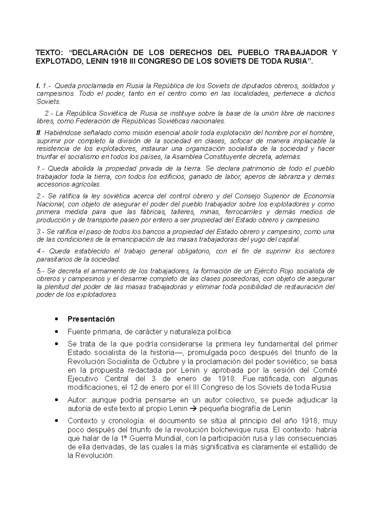 Texto Declaracion DE Lenin 1918 TEXTO “DECLARACIÓN DE LOS DERECHOS DEL PUEBLO TRABAJADOR Y