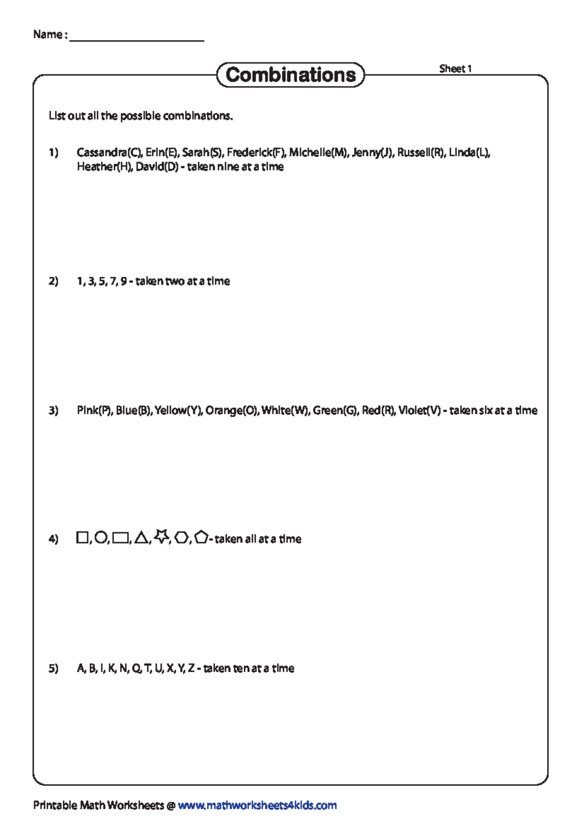 CW #45 Back - hdhfjhhd - Name: Sheet 1 r (Combinations ) List out all ...