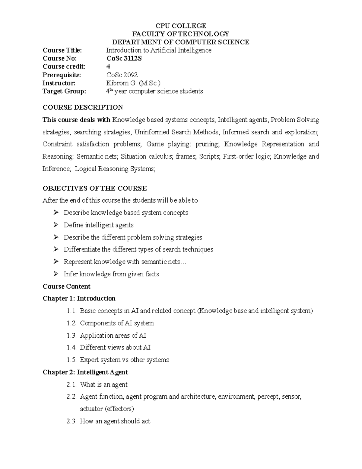 Course outline AI - CPU COLLEGE FACULTY OF TECHNOLOGY DEPARTMENT OF ...