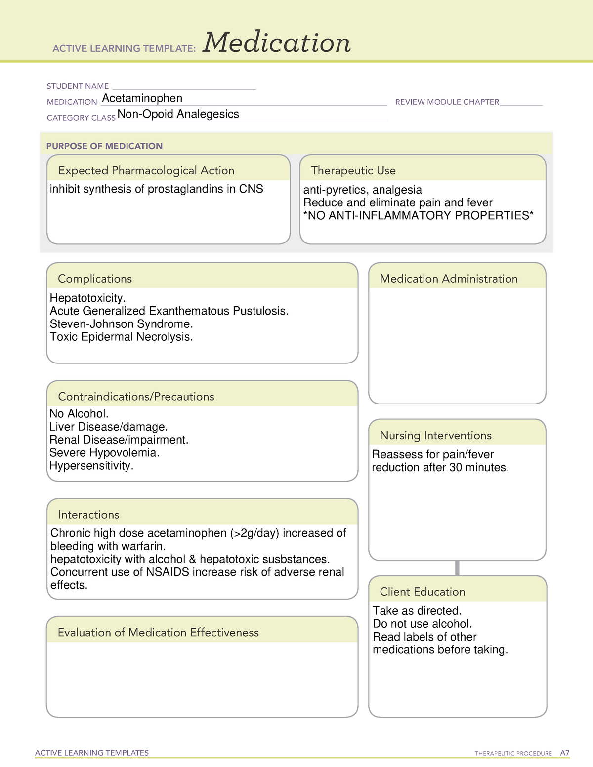 Acetaminophen ATI Medication Template ACTIVE LEARNING TEMPLATES