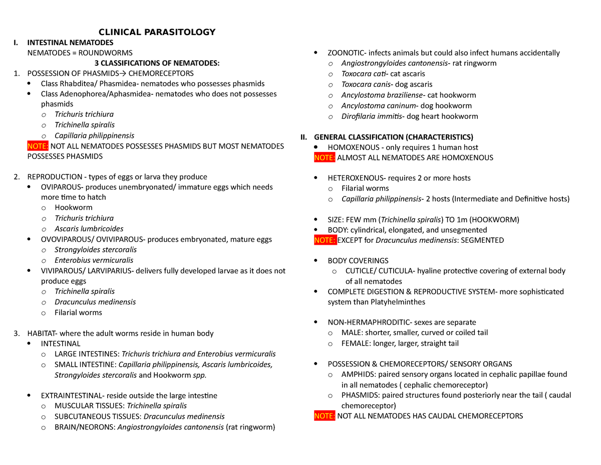 PARA-Nema - Summary of Nematodes - CLINICAL PARASITOLOGY I. INTESTINAL ...