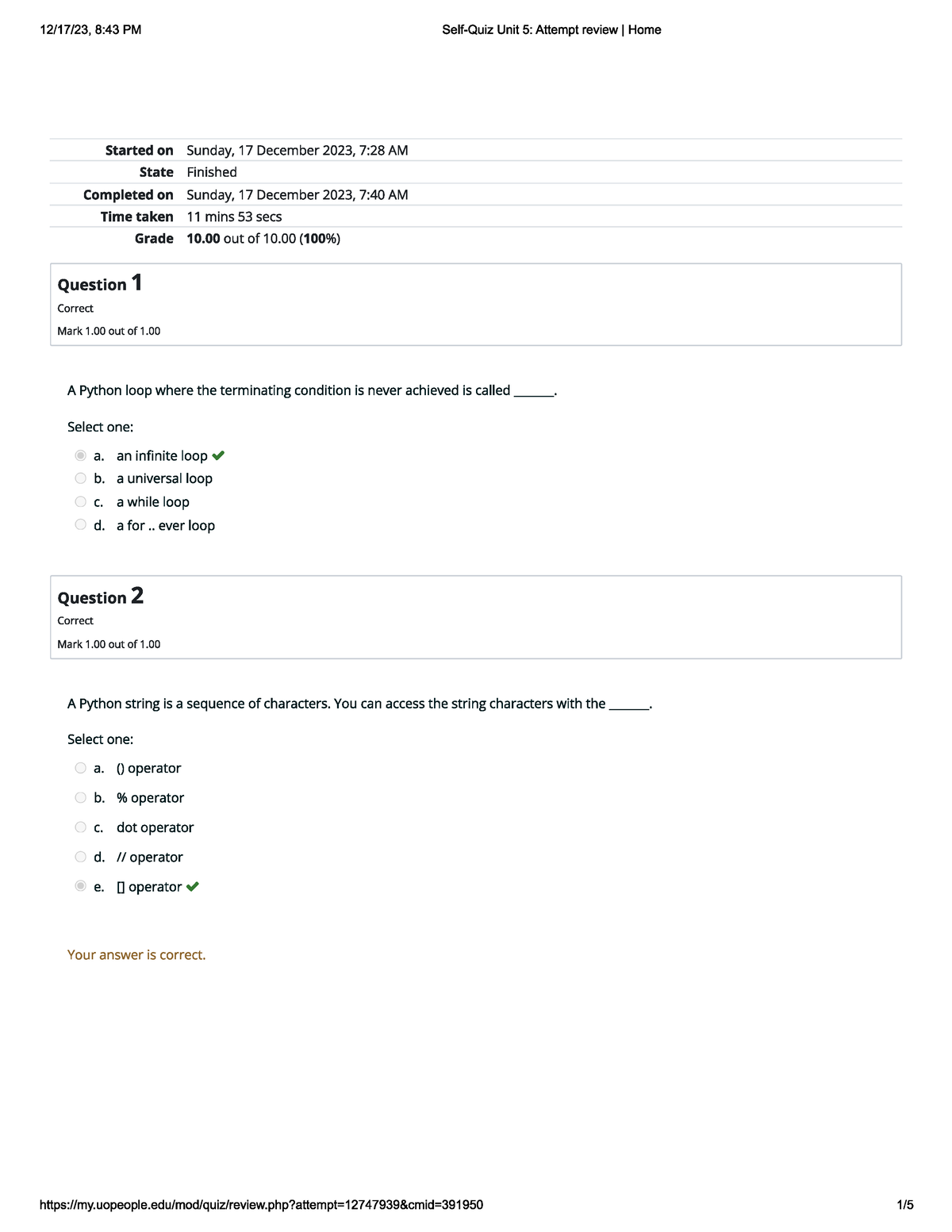 Unit 5 Self-Quiz Answers - CS 1102 - Studocu