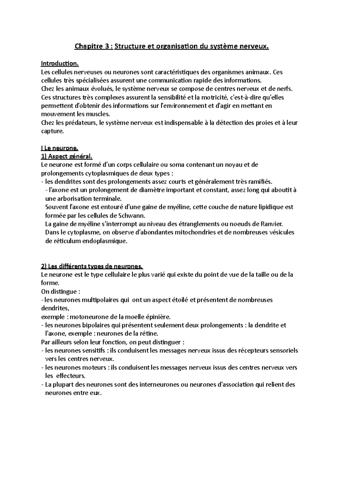 Chapitre sur la structure et organisation du système nerveux ...