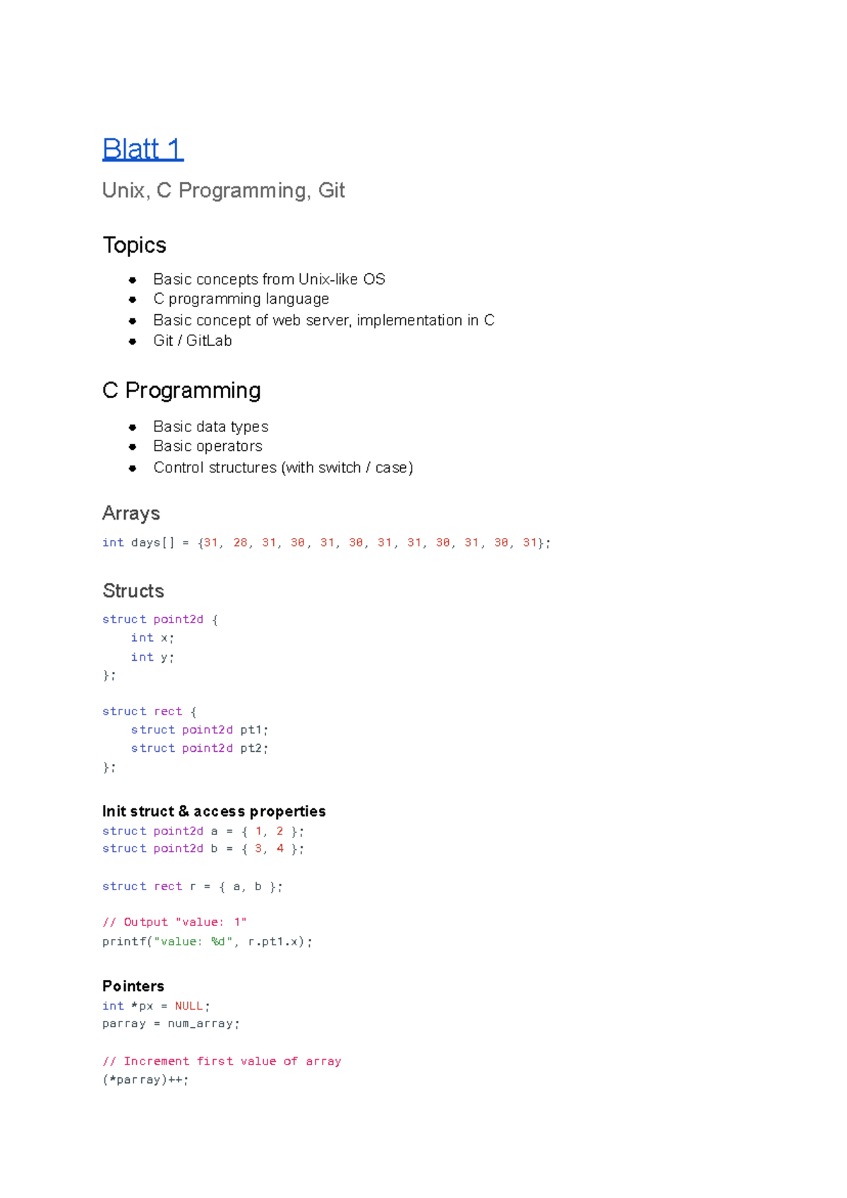 Exercise Summary - Blatt 1 Unix, C Programming, Git Topics Basic ...